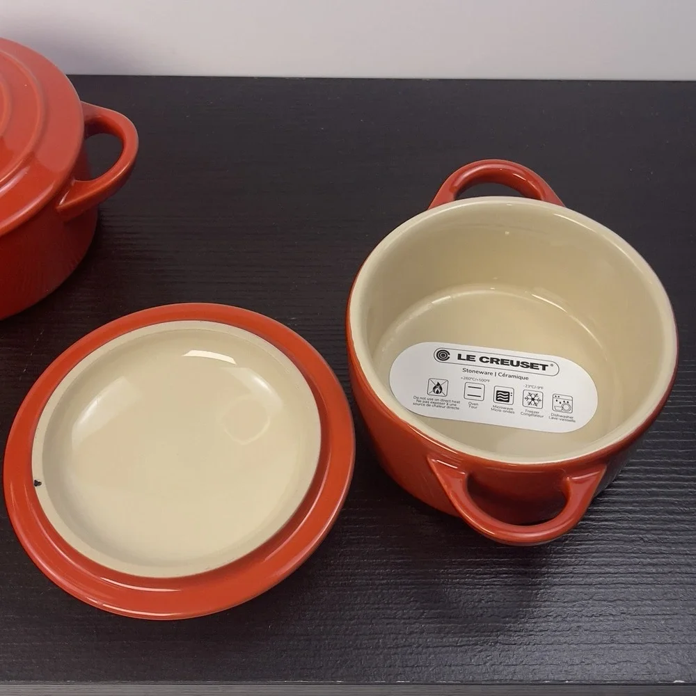 Le Creuset 2X Mini Round Cocotte 8 oz Cerise Stoneware Set of 2 w/Lids New Red